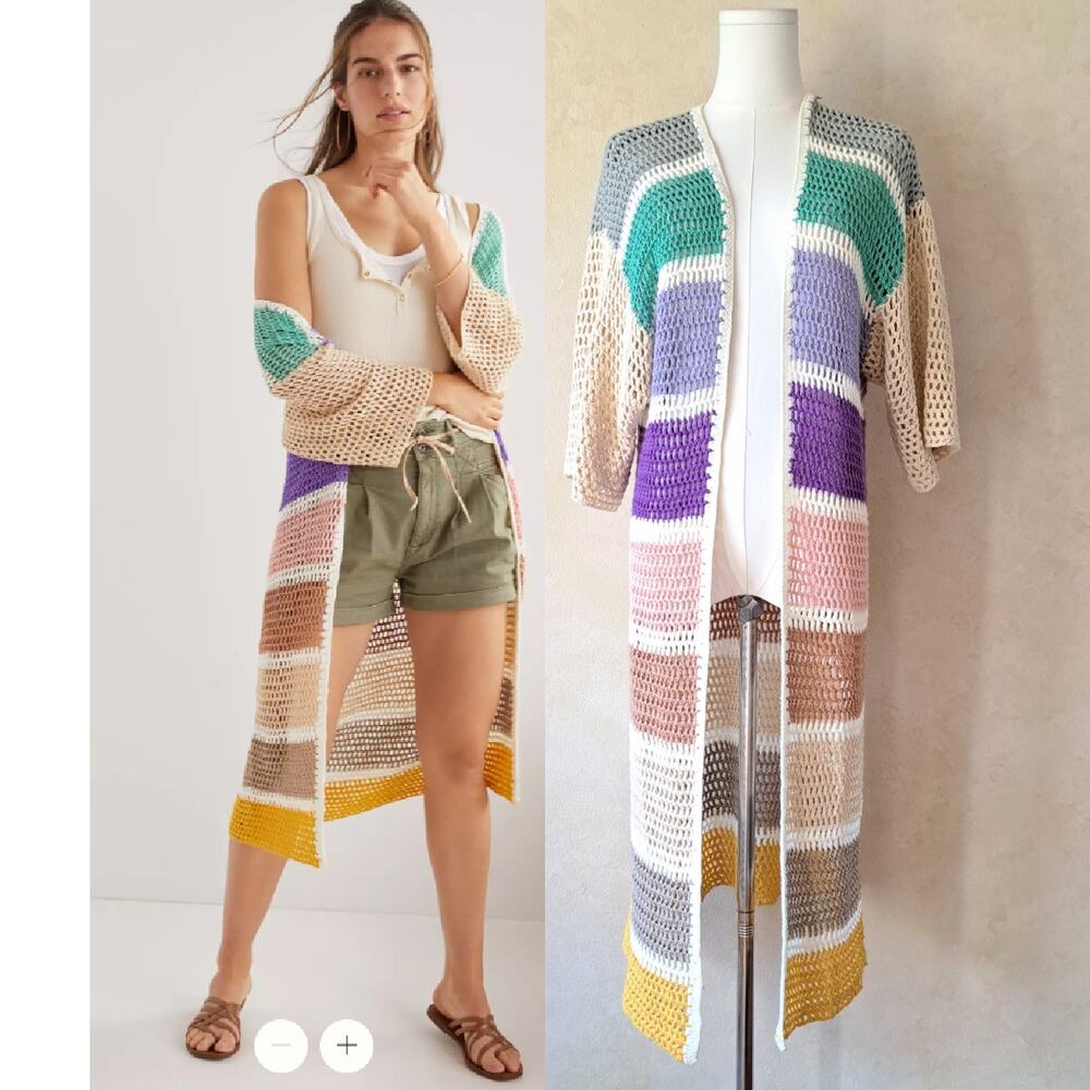 By Anthropologie Eliza Crochet Duster Long Cardigan Multi Colorblock Open Front